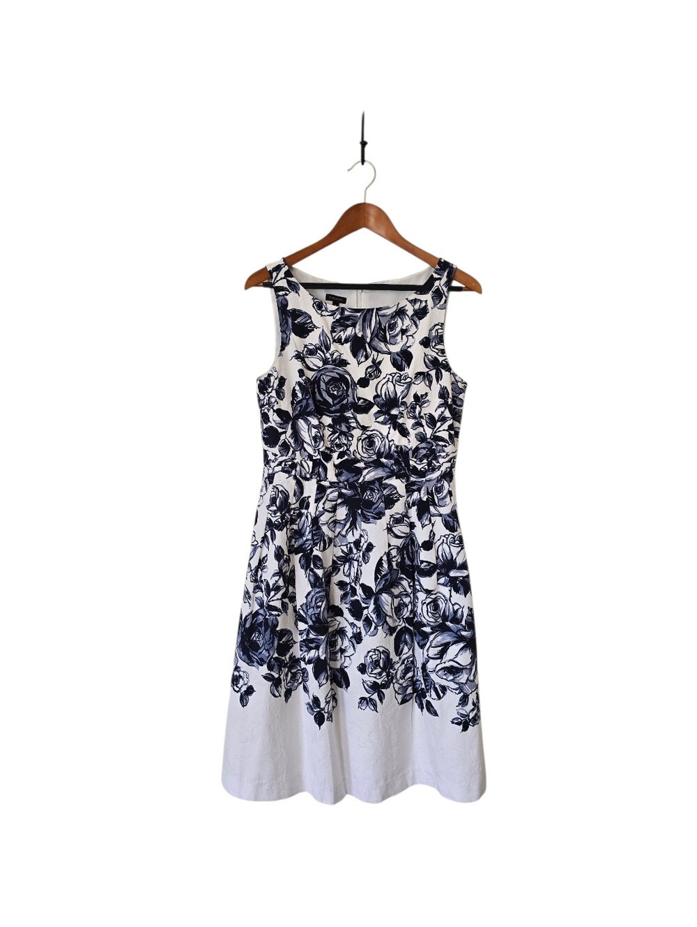 Talbots - Sleeveless White Dress with Navy Floral Print - 8